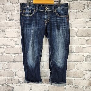 Silver Jeans Aiko  Capri Dark Wash Distressed Factory Fade Size 29